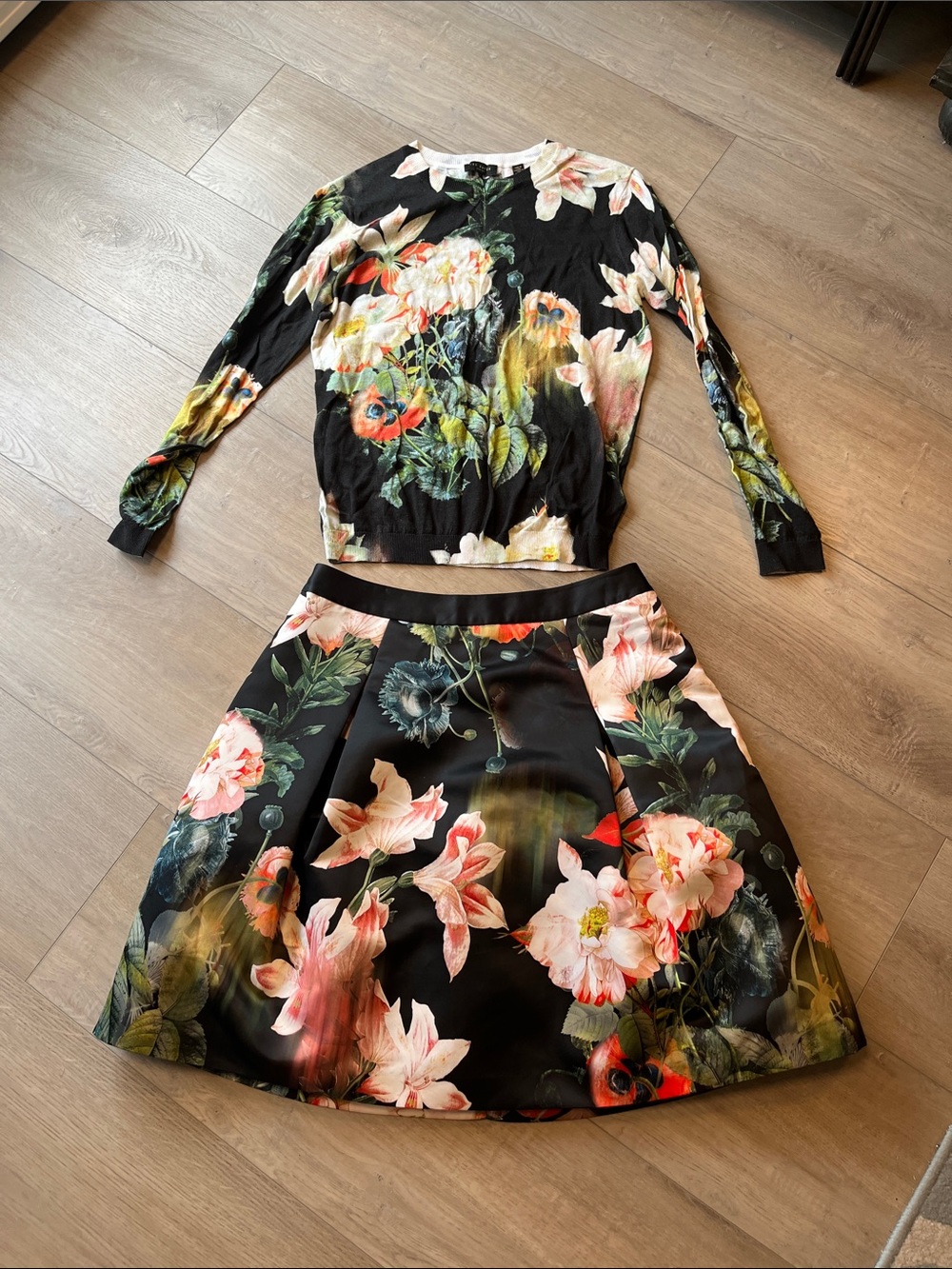 Ted Baker Black Floral Two-Piece Skater Skirt Set